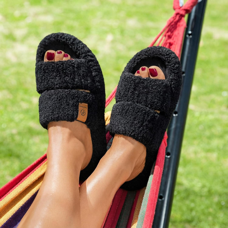 Womens Fuzzy Open Toe Slippers Soft Comfy Memory Foam Indoor House Shoes1