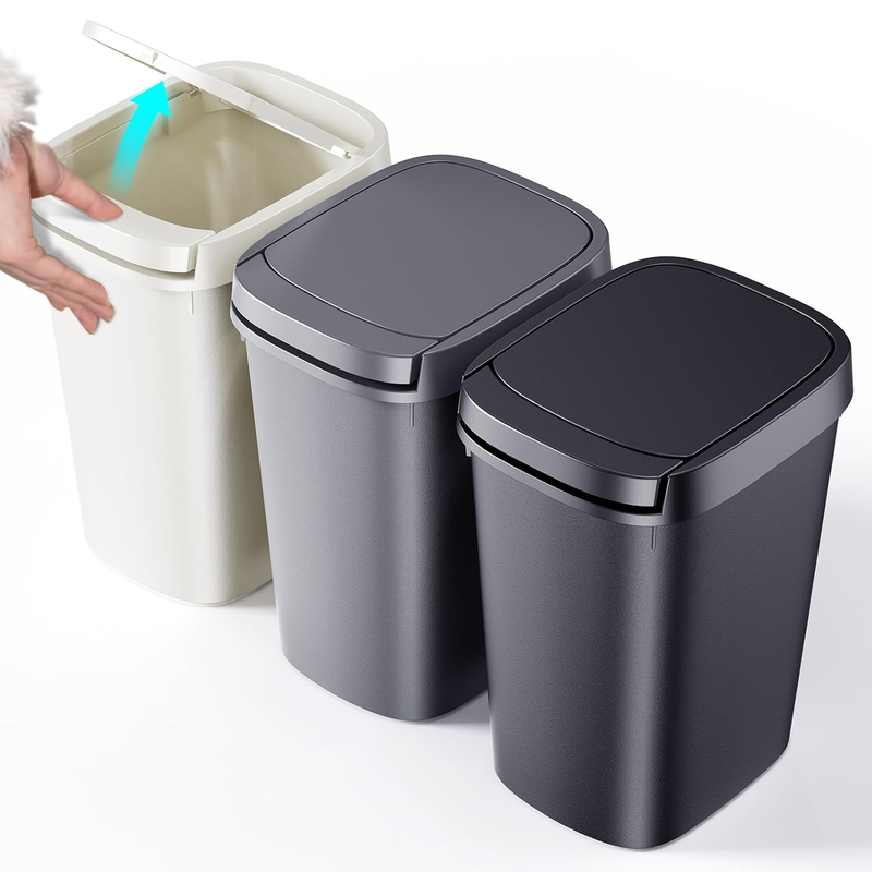 3-Pack 2.6 Gal Bathroom Trash Cans w/ Press Lid, Slim Plastic Waste Bins6