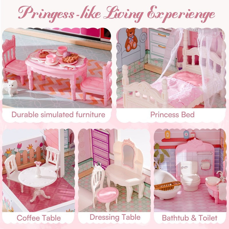 Wooden Dollhouse with 20Pcs Furniture 3 Storey Preschool Toy Dollhouse for Kids 4