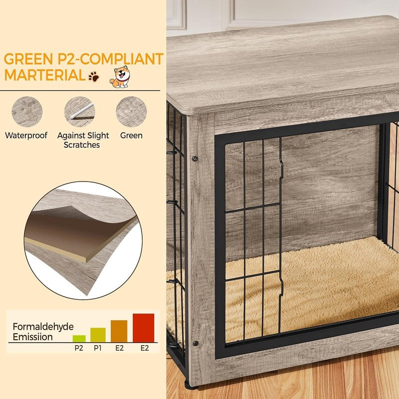 Wooden Dog Crate Table 27.5" w/Cushion Double Door Small/Medium Dogs Greige5