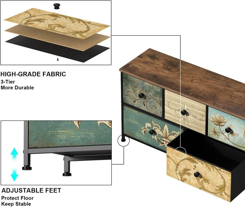 5 Drawer Fabric Dresser Retro Floral Chest Storage Organizer for Bedroom Closet4
