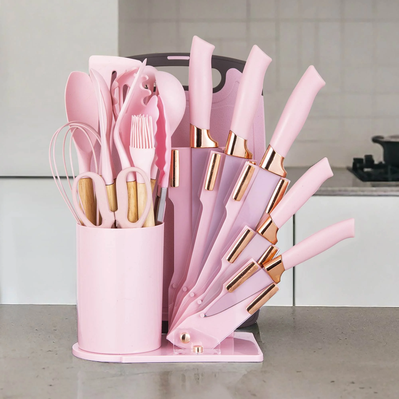 19 Piece Silicone Kitchen Utensil & Knife Set Heat Resistant Pink Gift6