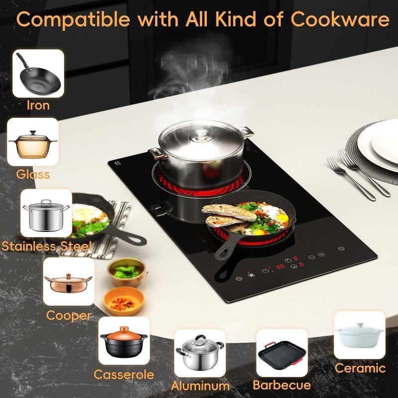 Electric Cooktop 2 Burner, 3200W Radiant Electric Stove Top 240V with Built-In D2