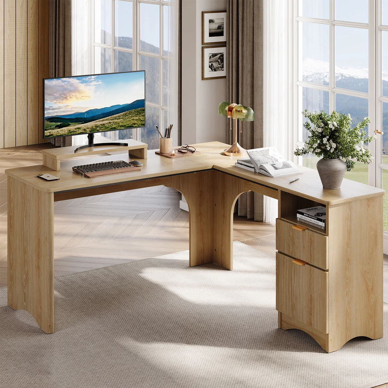 55" L-Shaped Desk with Drawers, Monitor Stand & Fluted Panels Natural Oak0