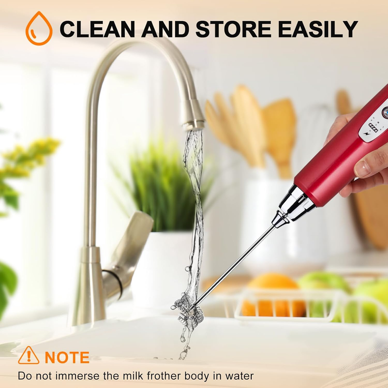 Milk Frother Handheld USB Rechargeable 3 Speed 3 Heads Coffee Whisk Red6