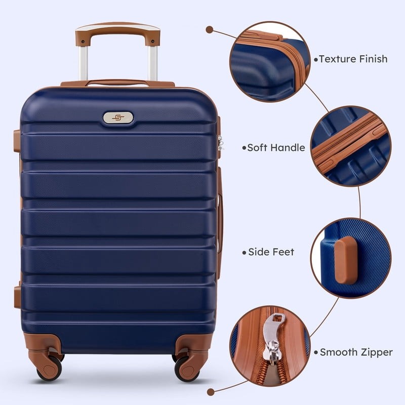 4 Piece Luggage Set Hardside ABS Carry On 14 20 Inch Expandable Navy Blue Tan3