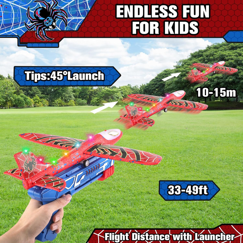 3 Pack Spider LED Foam Airplane Launcher Toys 2 Flight Modes Outdoor Kids1