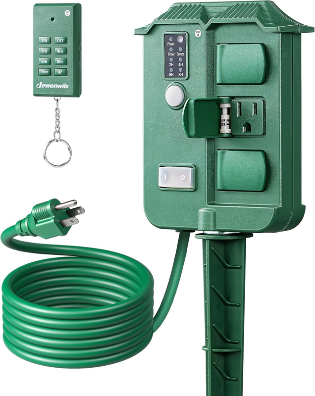 Outdoor Power Stake Timer Waterproof, 6 Grounded Outlets, 6FT Extension Cord, 107