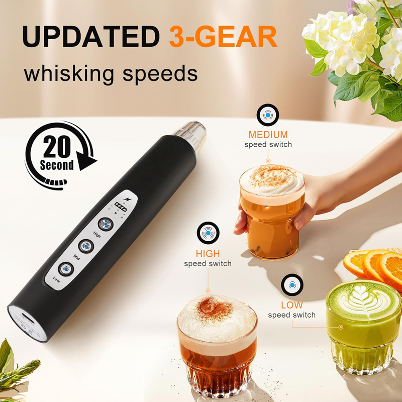 Milk Frother Handheld Black Rechargeable 3 Speed 3 Heads Coffee Whisk2