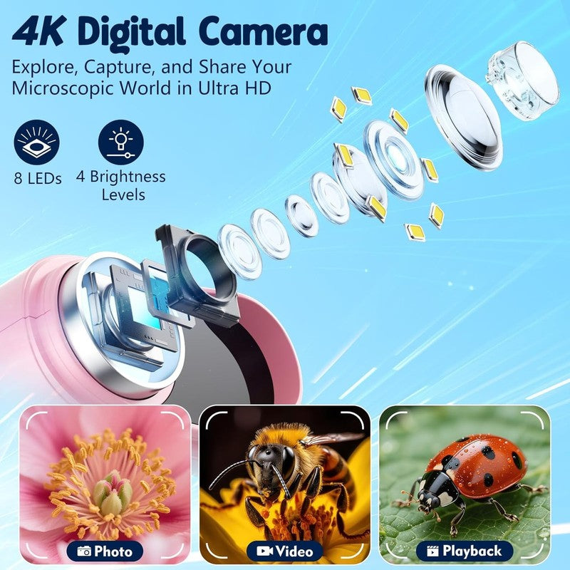 Kids 1000X Digital Mini Microscope 4K Screen with 12 Slides – Pink2