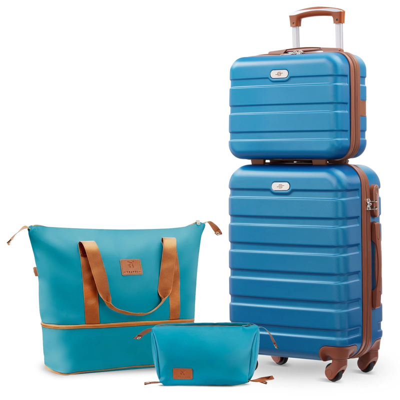 Gowill 4 Piece Luggage Set ABS Carry On 14 20 Inch Hardside Duffle Sky Blue Tan10