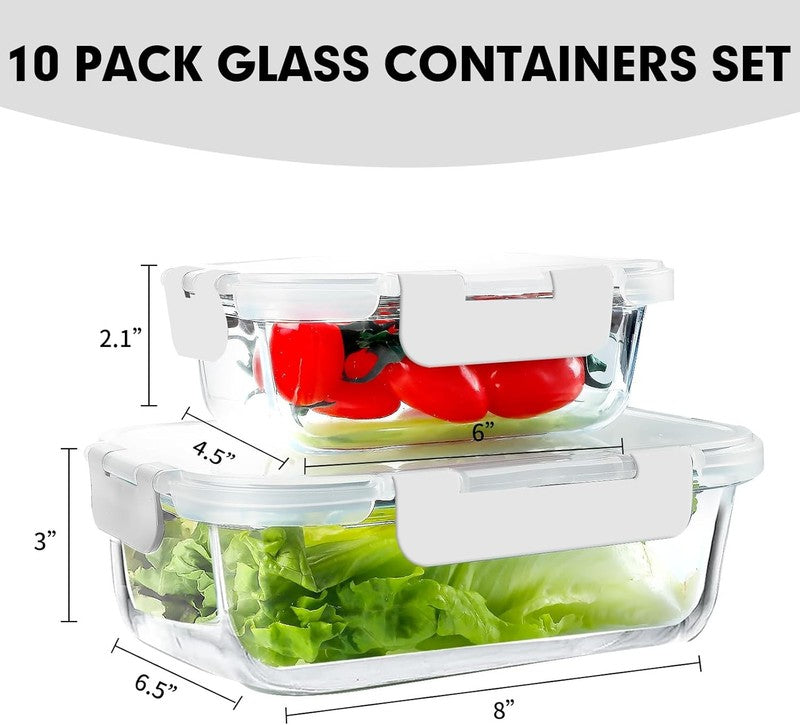 10 Pack Airtight Glass Meal Prep Containers Stackable Lids White1
