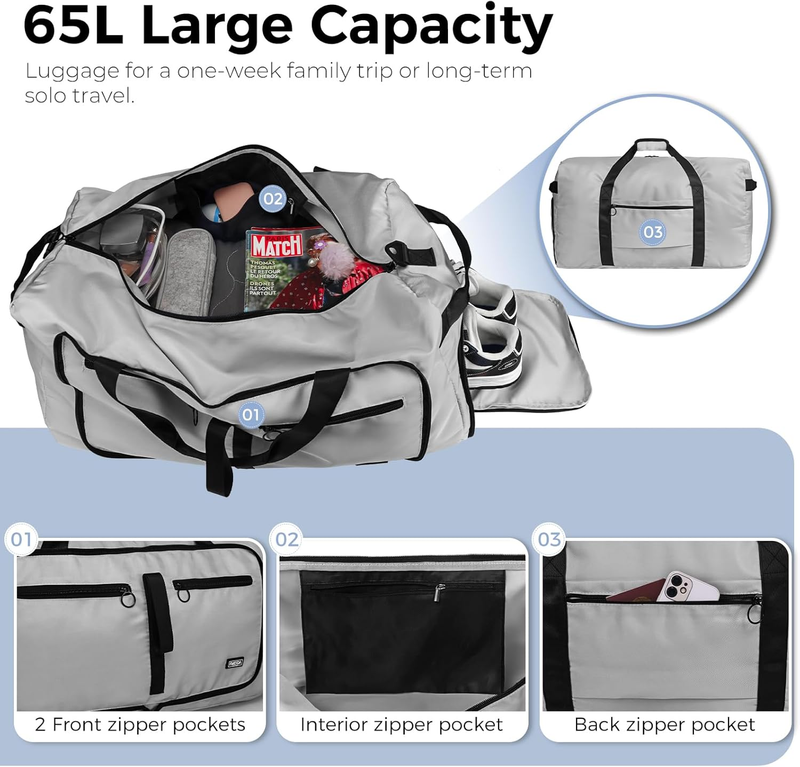 65L Travel Duffel Bag Foldable w/ Shoe Compartment Water Resistant Gray3