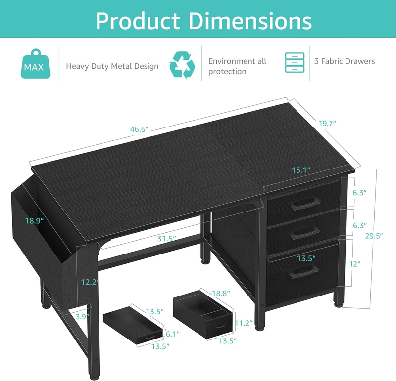 Computer Desk with File Drawers Cabinet, 47 Inch Reversible Home Office Desks wi2