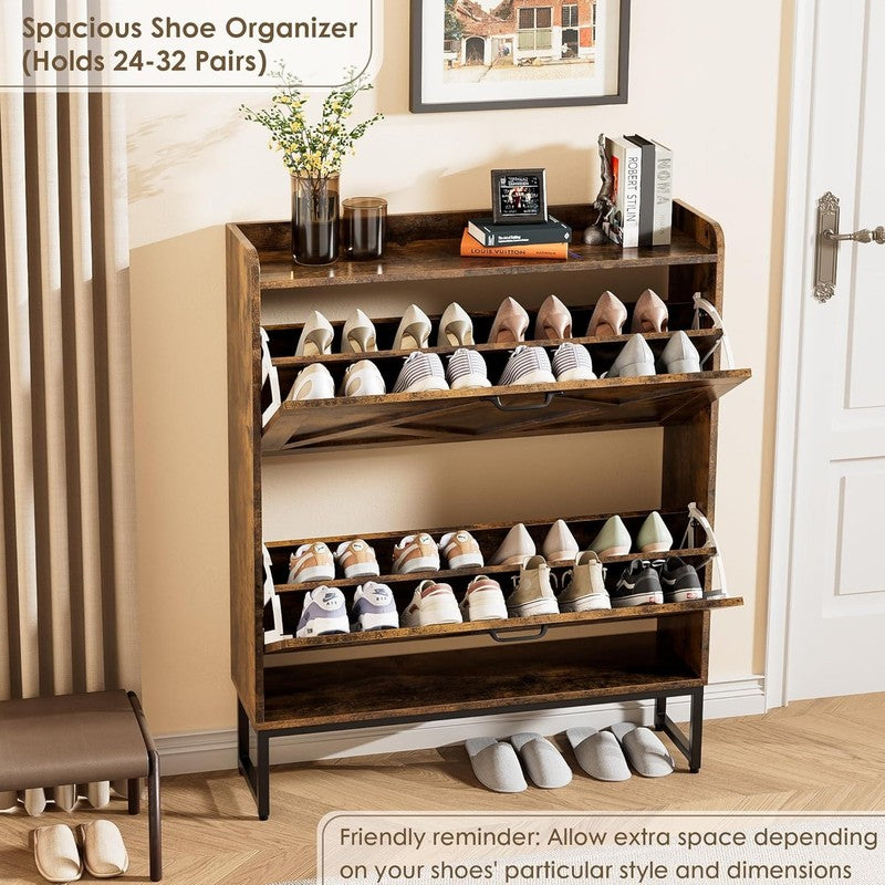 Shoe Cabinet 2 Flip Drawers Freestanding Slim Farmhouse Entryway Rustic Brown4