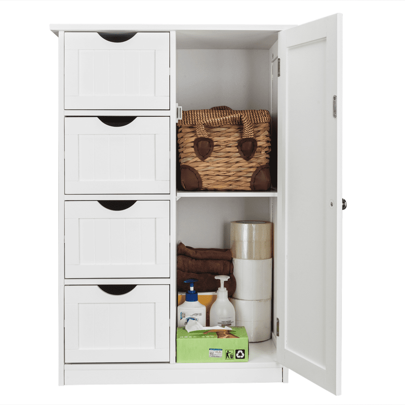 Bathroom Floor Cabinet with Door and 4 Drawers, Freestanding Storage Cabinet for3