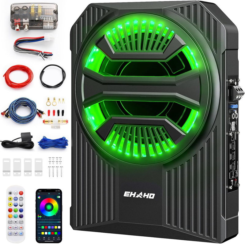 1200W 10" Slim Underseat Car Subwoofer with RGB Lights & Remote Control10