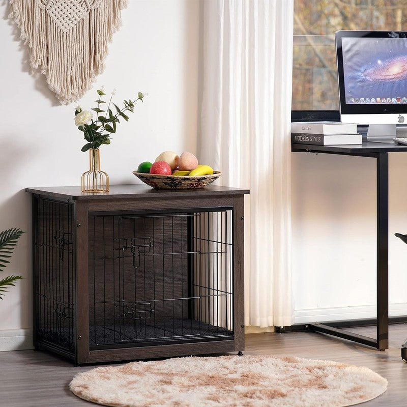 Dog Crate Furniture Table w/Cushion Wooden Kennel Double Door 27.2" Dark Gray1