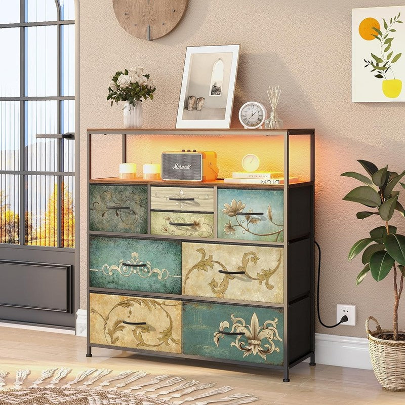 TV Stand Dresser with Power Outlet LED Light 8 Fabric Drawers Storage Chest4