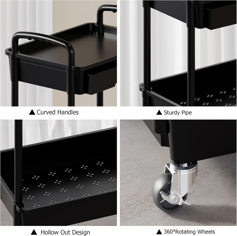 3-Tier Rolling Utility Cart with Drawer & Hooks, Black Storage Organizer4