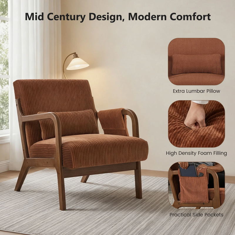 Accent Chair, Mid-Century Modern Arm Chair with Wood Frame, 1-Seat Cushioned Sof3
