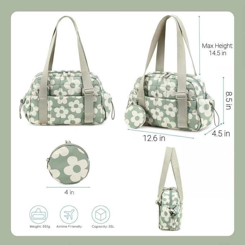 Mini Gym Bag Women Quilted Duffel Wet Compartment Yoga Dance Green Flower 12.6"2