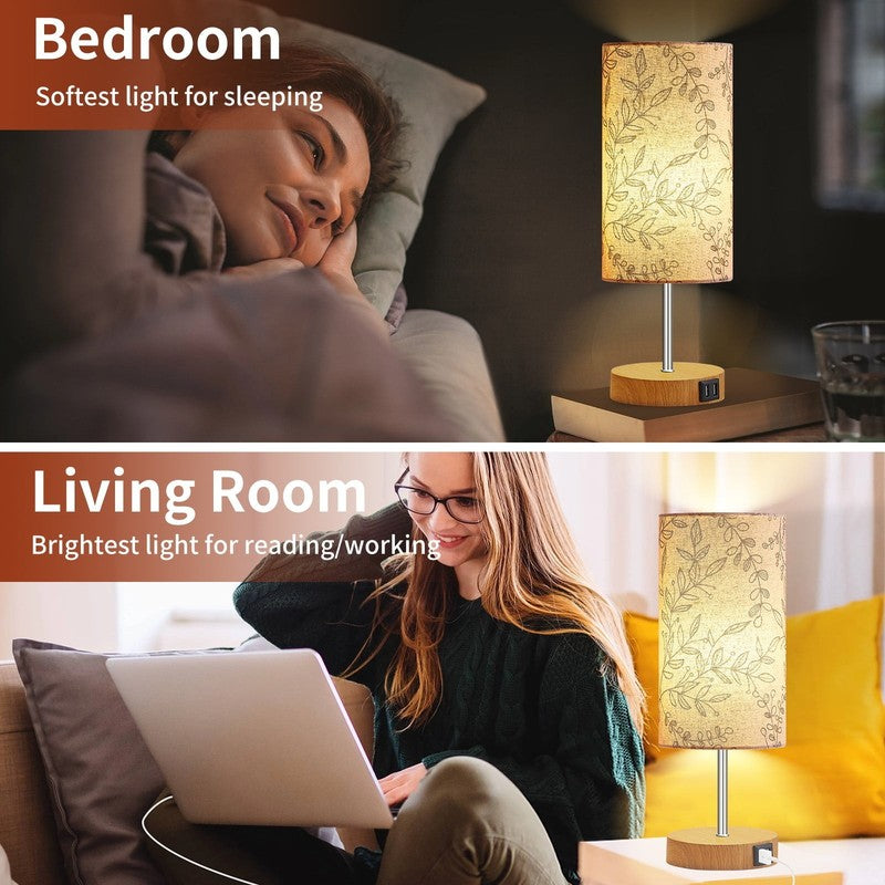 15" 3 Way Dimmable Table Lamp w/ USB Leaf Print Touch Control Bedside Lamp7