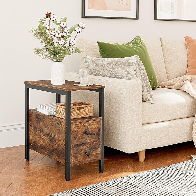End Table Narrow Chairside Table with Drawer & Shelf Rustic Brown Black4