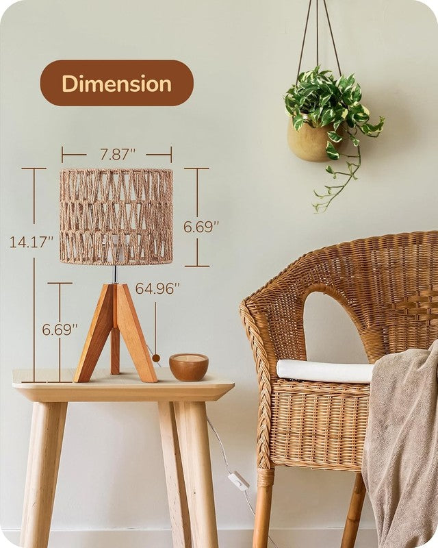 Small Table Lamp Rattan Wood Tripod Bedside Boho Nightstand Lamp E264