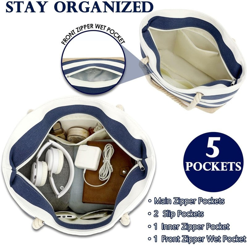 Waterproof Beach Bag Large Canvas Tote Wet Pocket Zipper Pool Cruise Bag3