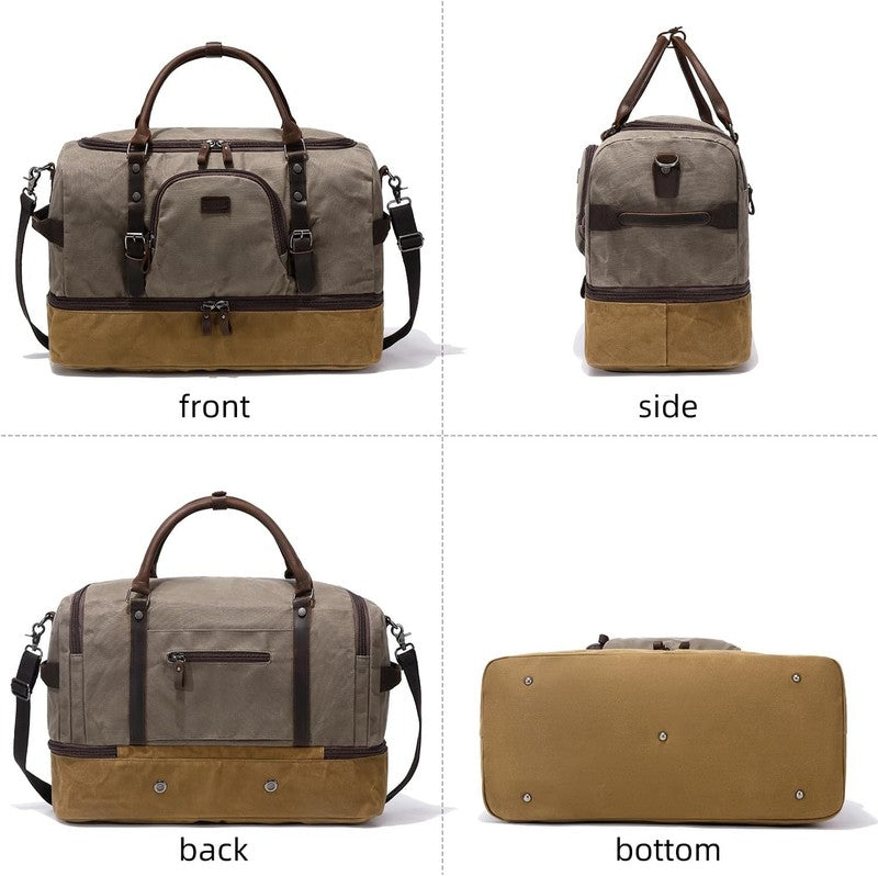 Nerlion Weekender Duffle Bag Green Canvas Leather Carry On Shoe Compartment7