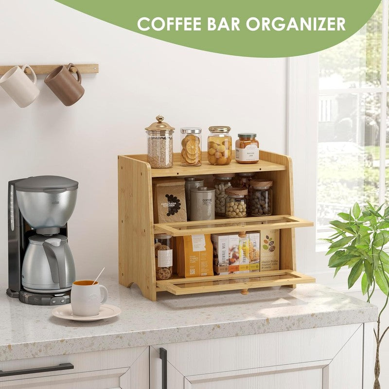 Double Layer Bamboo Bread Box Large Wooden Farmhouse Bread Storage Windows6