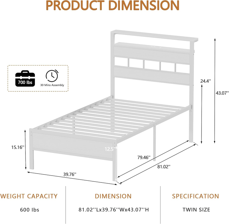 Twin Bed Frame LED Charging Station Storage Headboard Metal Slats White1