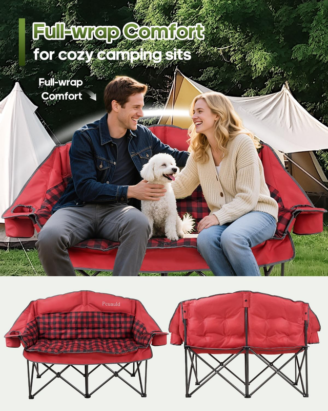 Heavy Duty Double Camping Chair Loveseat Folding Sofa w/ Cup Holders Red3