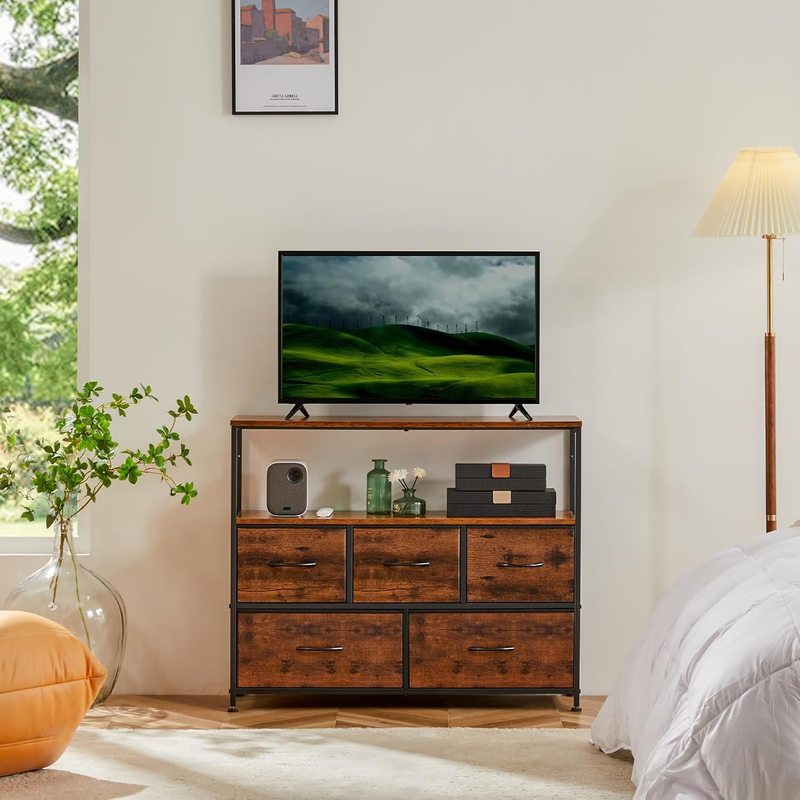 Rust TV Stand Dresser 5 Fabric Drawers Media Console 45" TV Compact Storage Unit7
