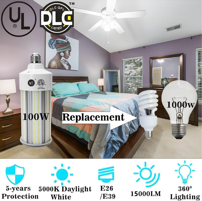 100W LED Corn Bulbs, 1000W Equivalent, 15,000Lm 5000K Daylight, E26/E39 Base, No5