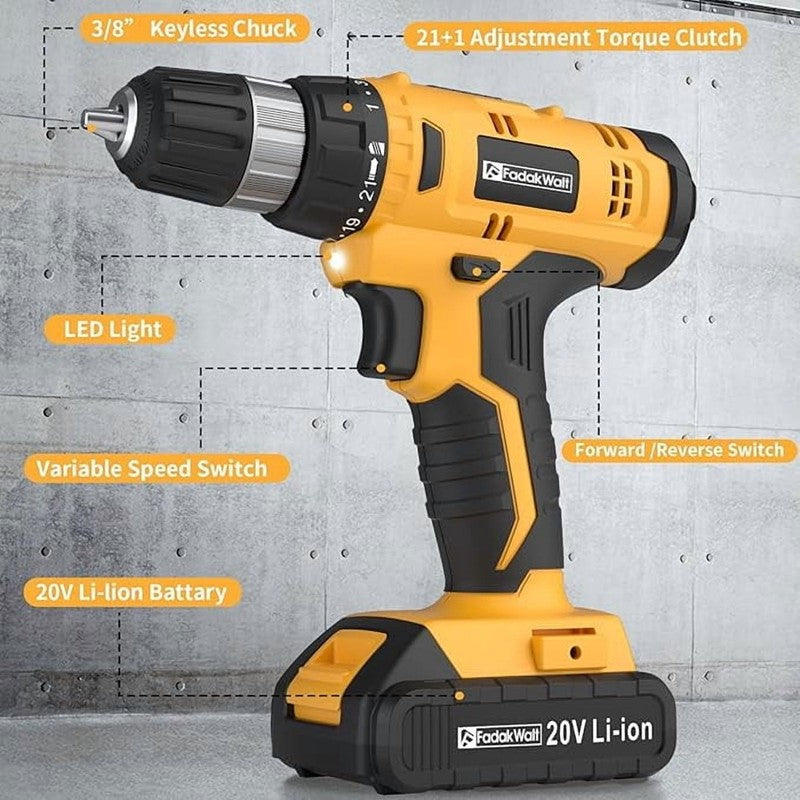 20V Cordless Drill Set 30Nm 21+1 Clutch 3/8in Keyless Chuck Battery Charger6