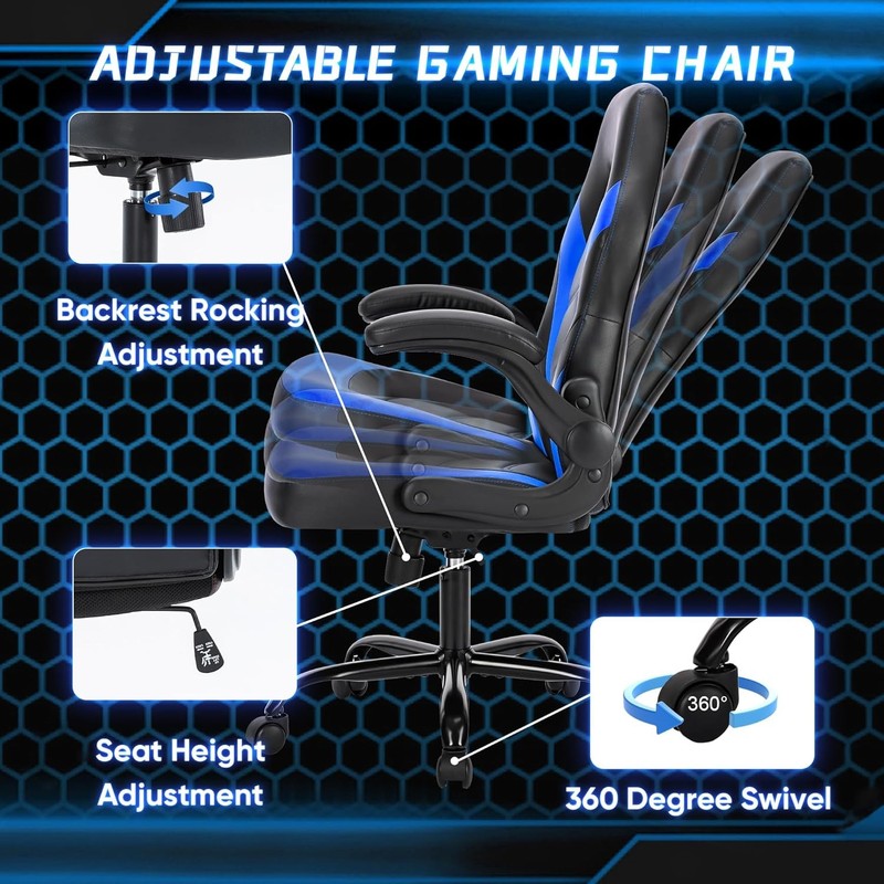 Gaming Office Chair PU Leather Ergonomic Swivel Flip Up Arms Lumbar Blue5