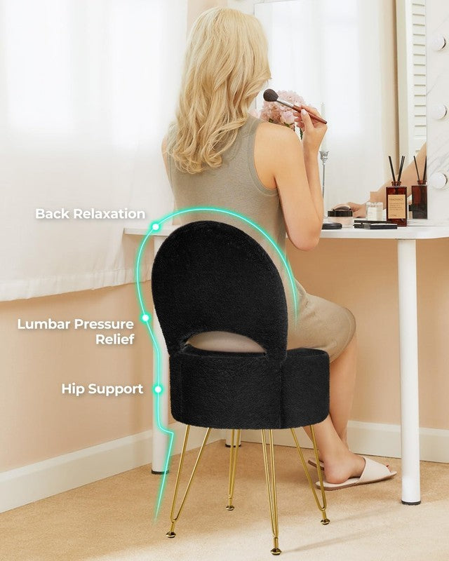 Faux Fur Vanity Stool Chair w/Storage Folding Back Ottoman Black2