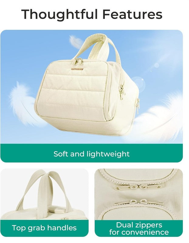 Travel Toiletry Bag Large Wide-Open Puffy Cosmetic Organizer for Women Beige2