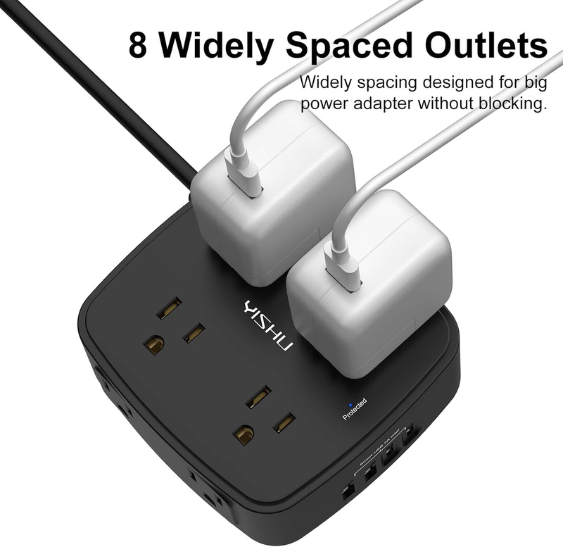 6FT Surge Protector Power Strip 8 Outlets 4 USB Ports Flat Plug Black3