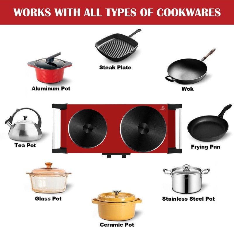 1800W Dual Burner Electric Hot Plate Stove, Portable Cooktop, Red3