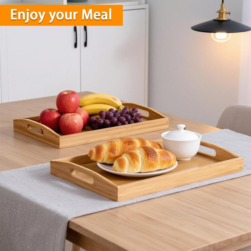 2 Pack Bamboo Serving Tray with Handles, Portable Bed Tray for Breakfast Dinner,6