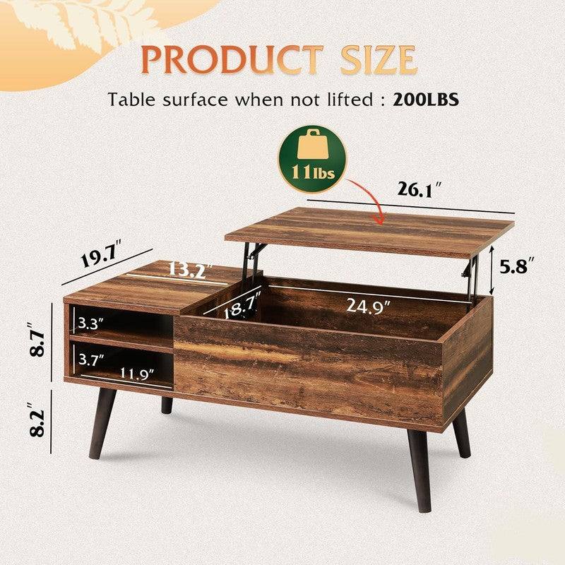Lift Top Coffee Table w/ Storage Adjustable Shelf Mid Century Rustic Brown2