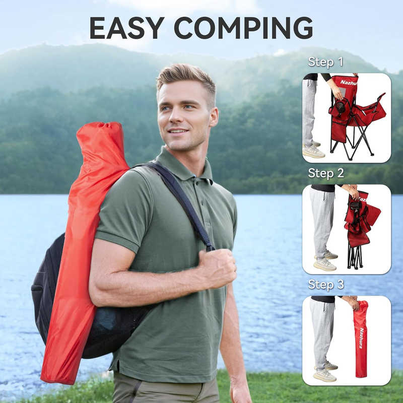 2 Pack Camping Chairs Folding Portable Cooler Bag Mesh Backrest Red5