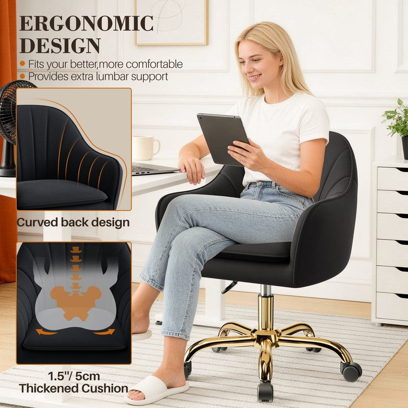 Office Desk Chair with Padded, Velvet Vanity Chair with Back and Wheels, Comfy H2