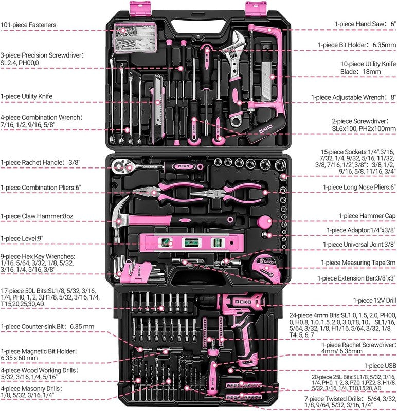 12V Cordless Drill Tool Kit Pink Home Repair Toolbox Combo w Organizer Case1