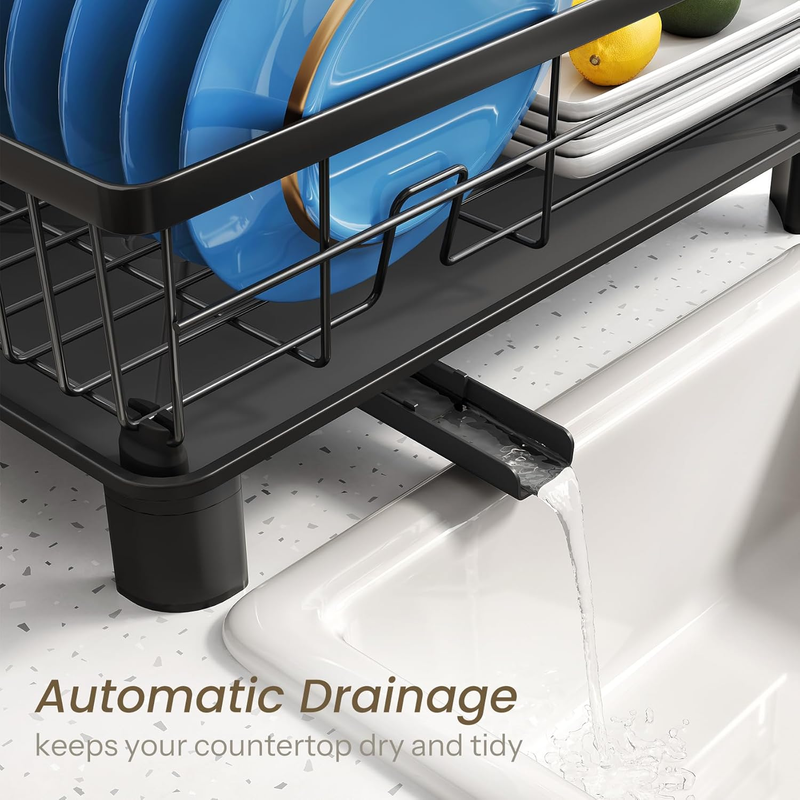 Stainless Steel Dish Drying Rack w/ Drainboard Utensil Holder Black3