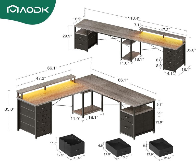 66" L Shaped Desk 113" Computer Desk LED Power Grey Home Office1