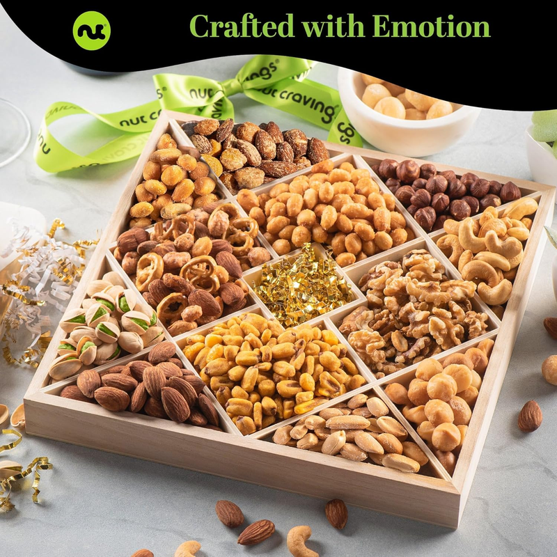   Holiday Christmas Mixed Nuts Gift Basket in Reusable Diamond Wooden Tray + Gre2